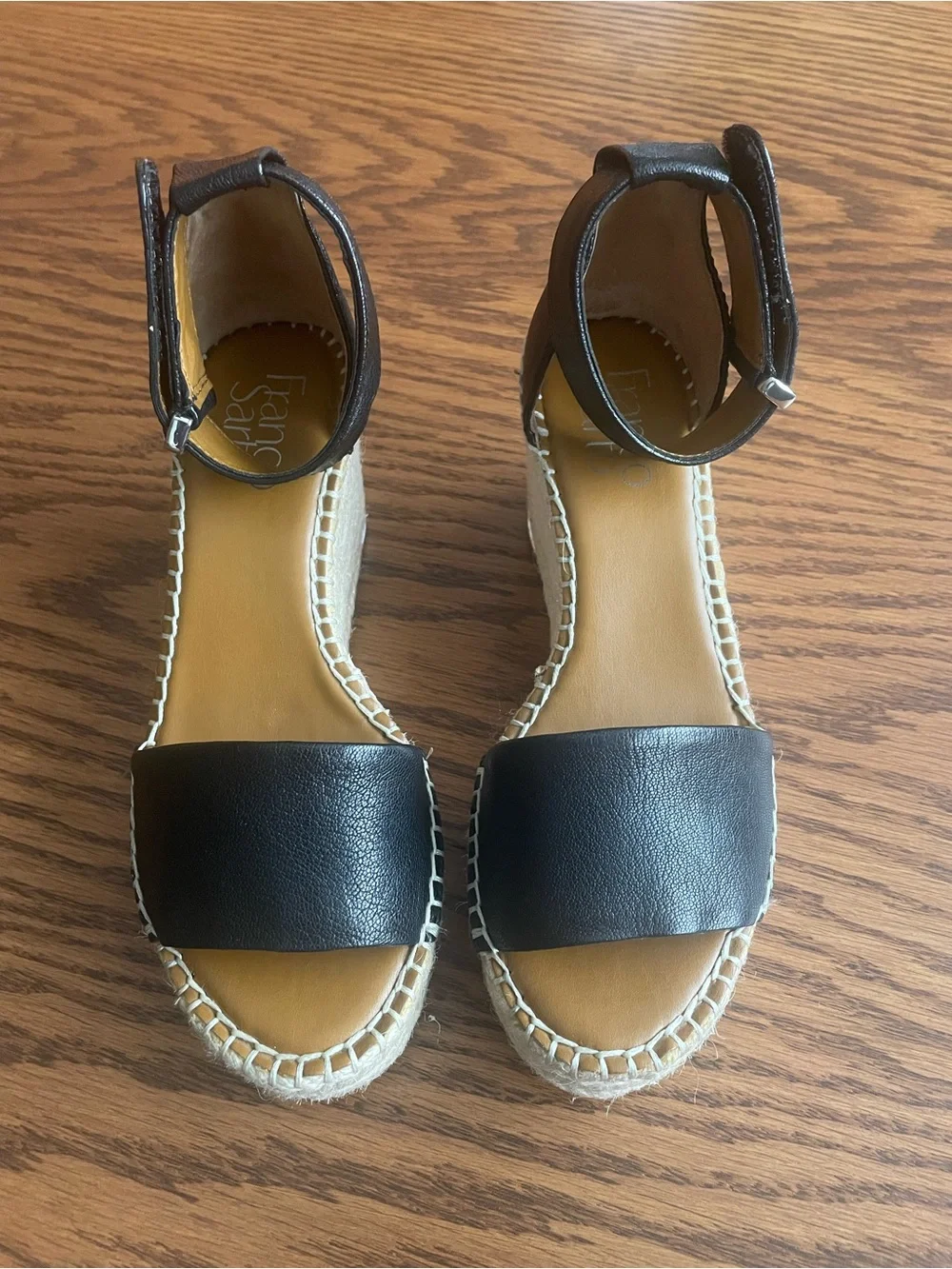 Franco Sarto Black Leather Espadrille Wedge Sandals Size 5